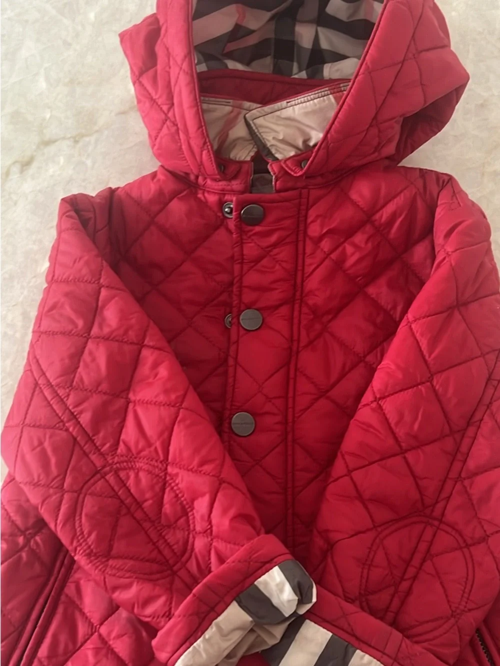 Burberry Red Quilted Hooded Puffer Coat for Kids